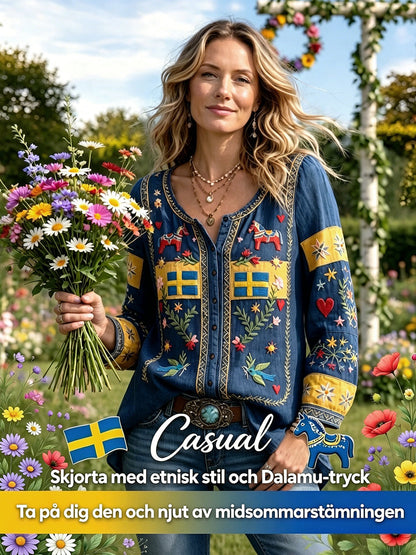 Damsvensk midsommarplagg med patchworkmönster och avslappnad stil i bomull-linne