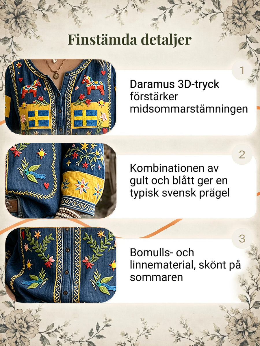 Damsvensk midsommarplagg med patchworkmönster och avslappnad stil i bomull-linne