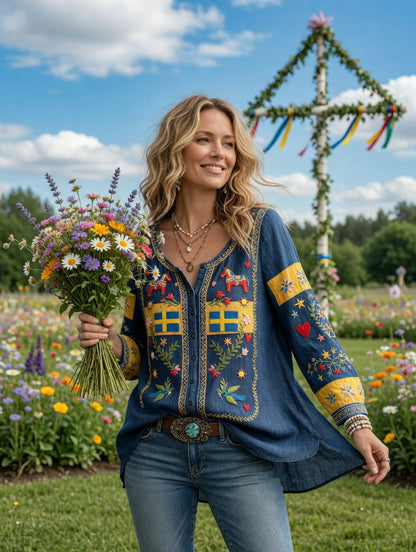 Damsvensk midsommarplagg med patchworkmönster och avslappnad stil i bomull-linne