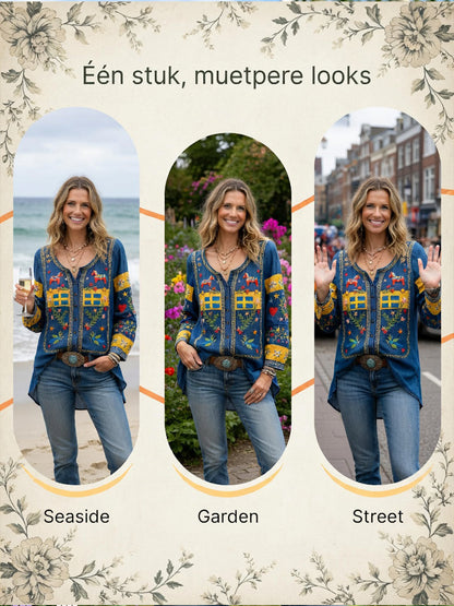 Damsvensk midsommarplagg med patchworkmönster och avslappnad stil i bomull-linne