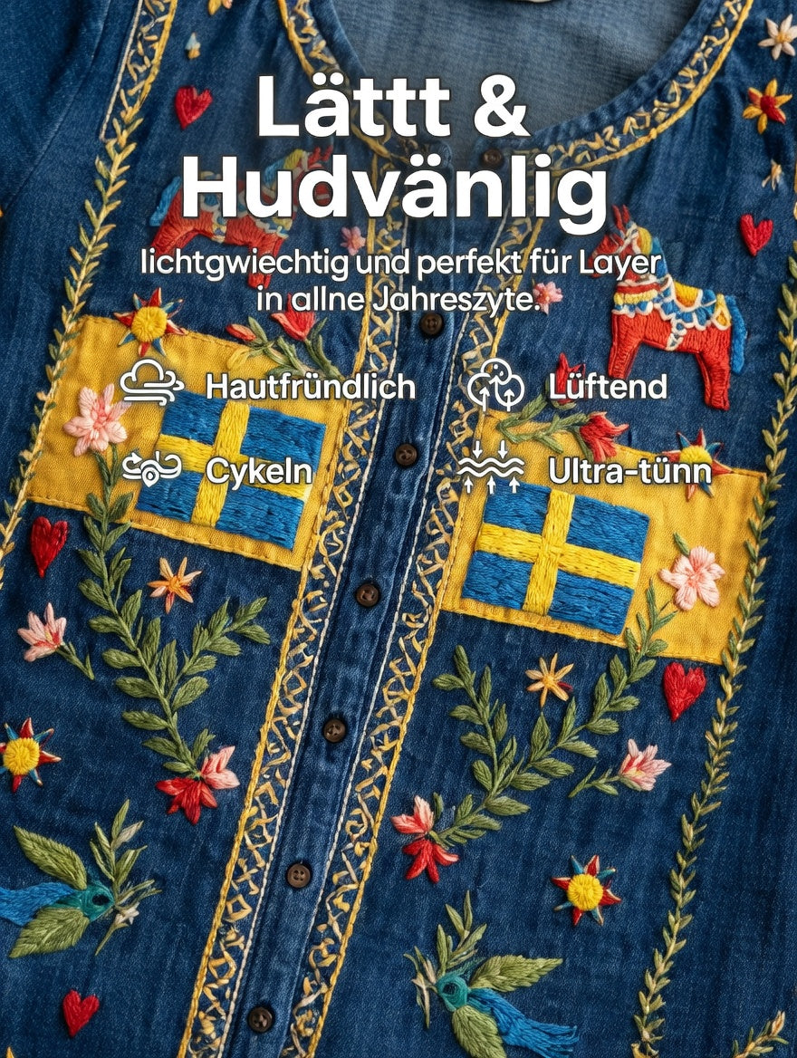 Damsvensk midsommarplagg med patchworkmönster och avslappnad stil i bomull-linne