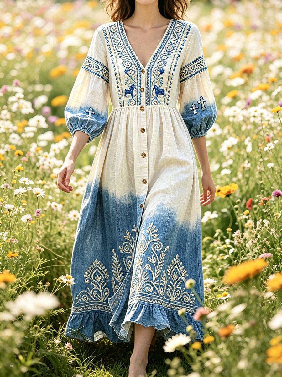 Swedish Style Women's Summer Dress with Blue Gradient Print and V-neck, Relaxed Fit