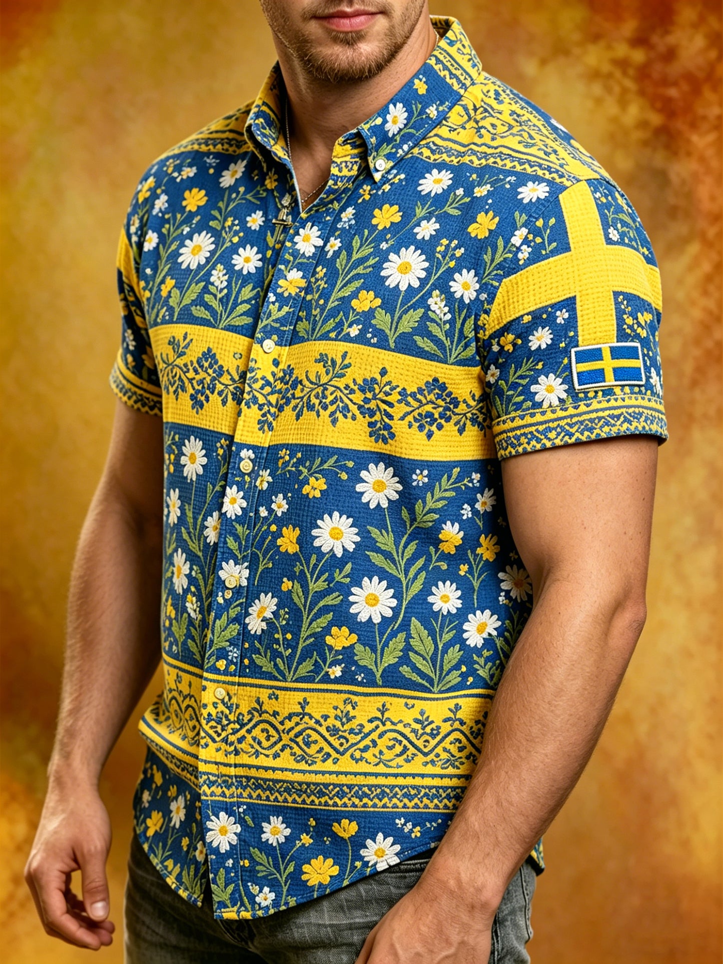 Men's waffle-knit shirt with a Midsummer pattern and short sleeves