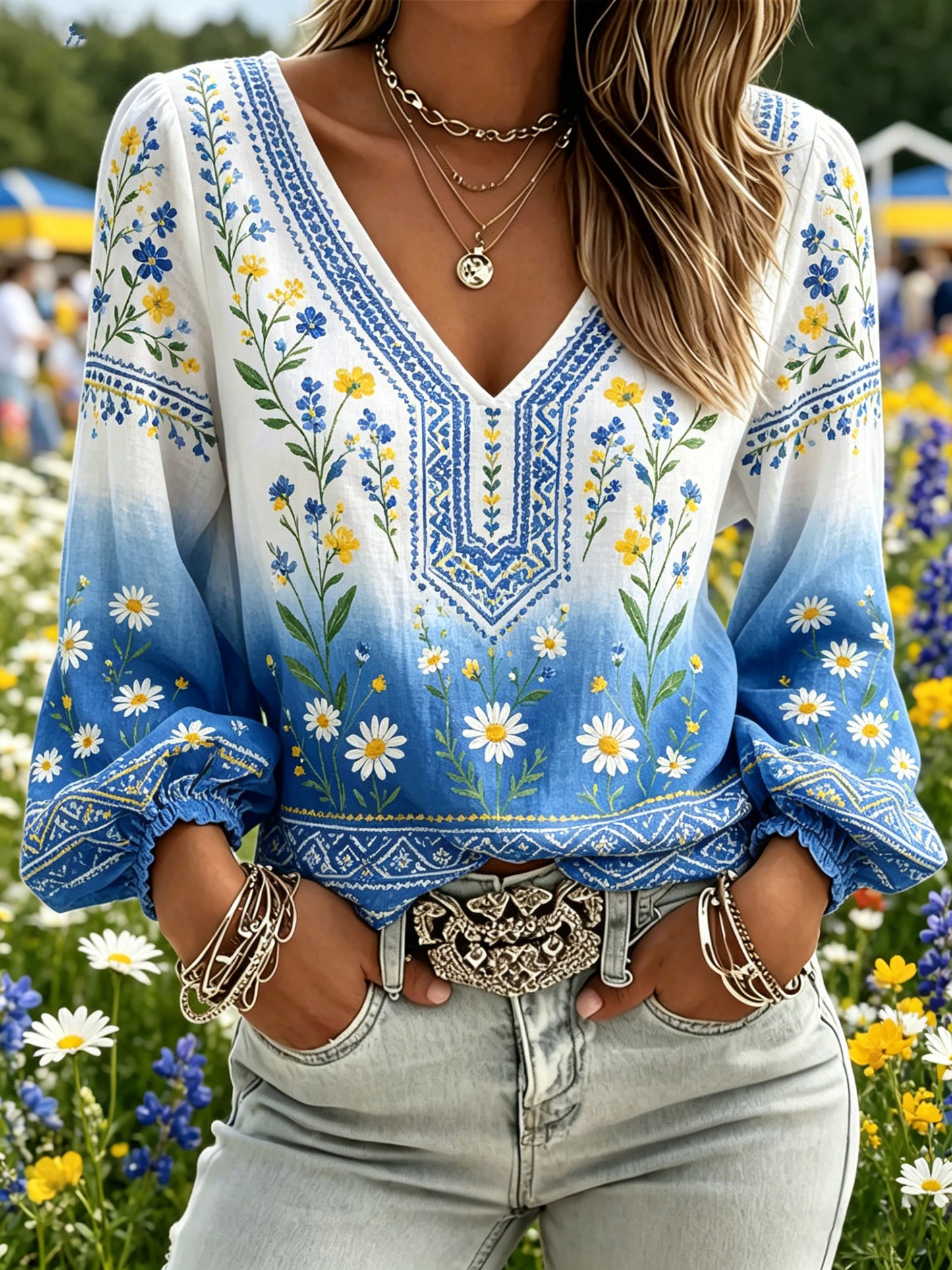 Women's Midsummer Floral Gradient V-neck Top