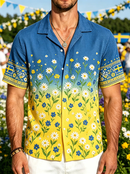 Men's shirt in waffle-knit fabric with midsummer pattern and short sleeves