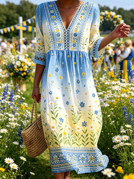 Women's midsummer dress with floral pattern and ombré effect, and V-neck