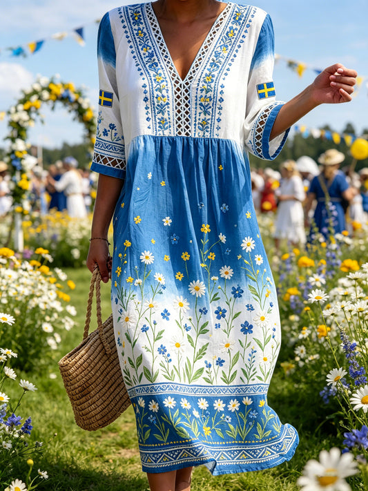 Women's floral ombré V-neck midsummer dress