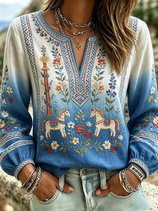Women's retro Swedish Midsummer folkloric blouse in cotton-linen fabric with floral pattern
