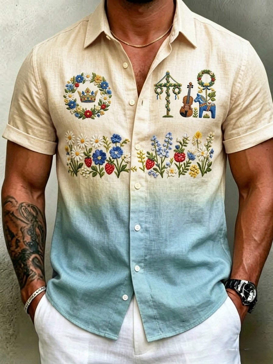 Men's retro-style shirts with Swedish Midsummer and folk costume motifs in cotton-linen, short-sleeved