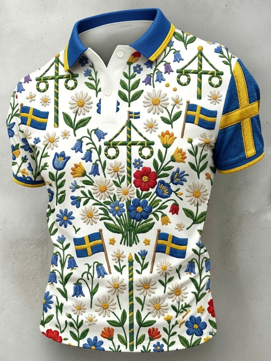 Men's Retro Swedish Midsummer Art Print Short Sleeve Polo Shirt