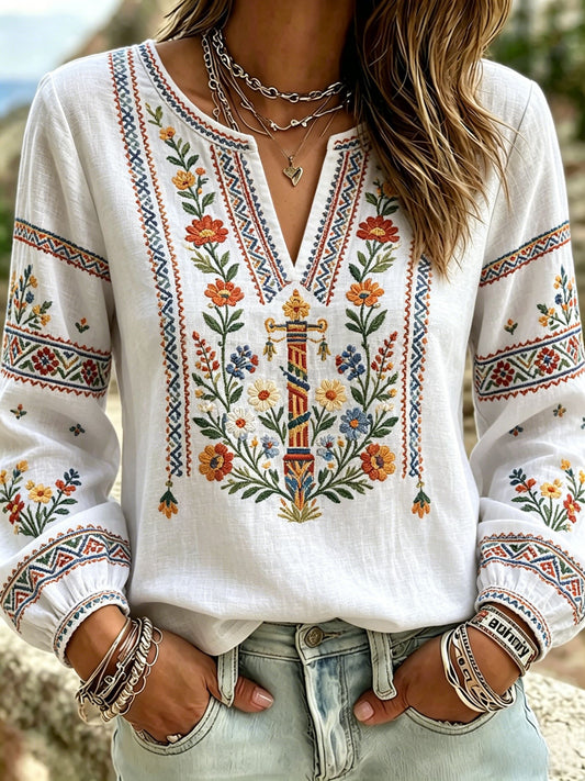 Women's retro Swedish Midsummer folkloric blouse in cotton-linen fabric with floral pattern