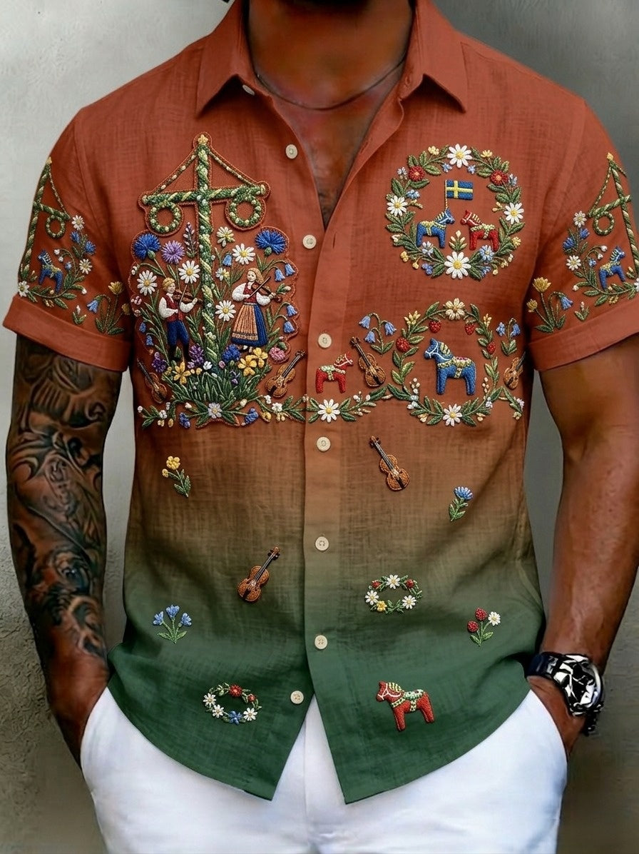 Men's retro-style shirts with Swedish Midsummer and folk costume motifs in cotton-linen, short-sleeved