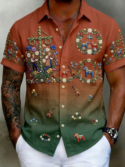 Men's retro-style shirts with Swedish Midsummer and folk costume motifs in cotton-linen, short-sleeved
