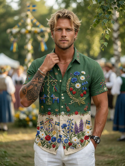 Men's retro-style shirts with Swedish Midsummer and folk costume motifs in cotton-linen, short-sleeved