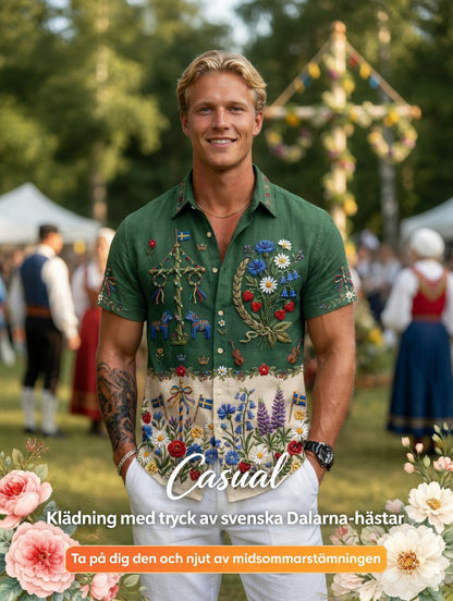 Men's retro-style shirts with Swedish Midsummer and folk costume motifs in cotton-linen, short-sleeved