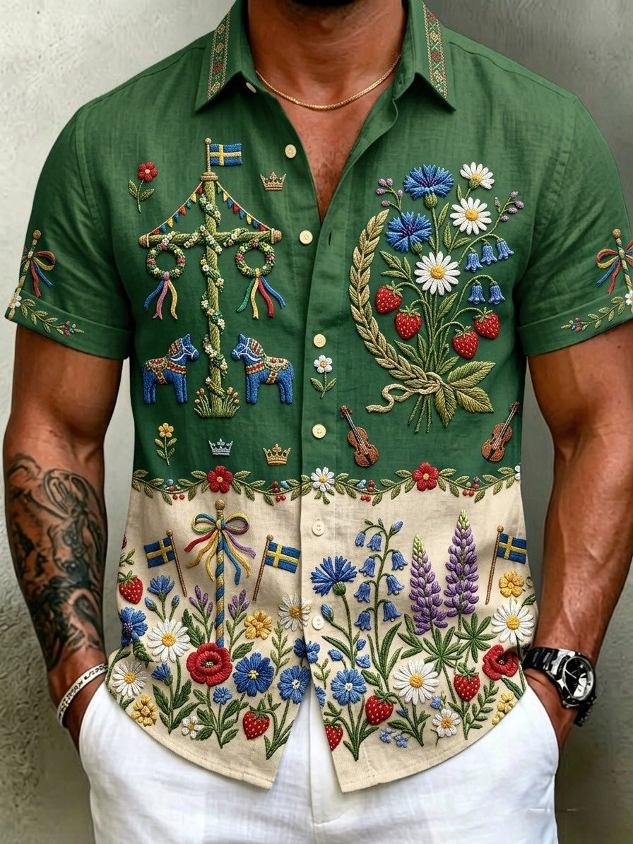 Men's retro-style shirts with Swedish Midsummer and folk costume motifs in cotton-linen, short-sleeved