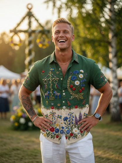 Men's retro-style shirts with Swedish Midsummer and folk costume motifs in cotton-linen, short-sleeved
