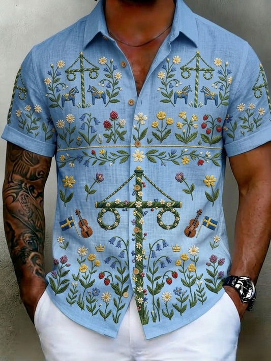 Men's Retro Swedish Midsummer Folk Floral Cotton-Linen Short-Sleeve Shirts