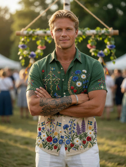 Men's retro-style shirts with Swedish Midsummer and folk costume motifs in cotton-linen, short-sleeved