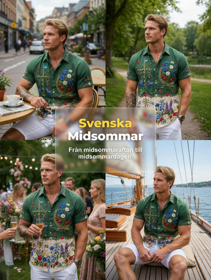 Men's retro-style shirts with Swedish Midsummer and folk costume motifs in cotton-linen, short-sleeved
