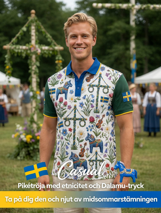Men's Retro Swedish Midsummer Art Print Short Sleeve Polo Shirt