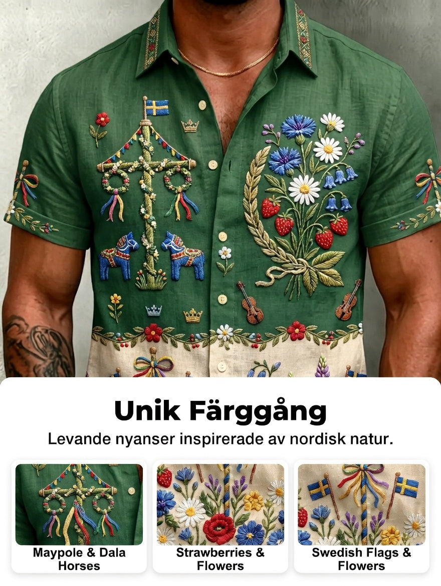 Men's retro-style shirts with Swedish Midsummer and folk costume motifs in cotton-linen, short-sleeved
