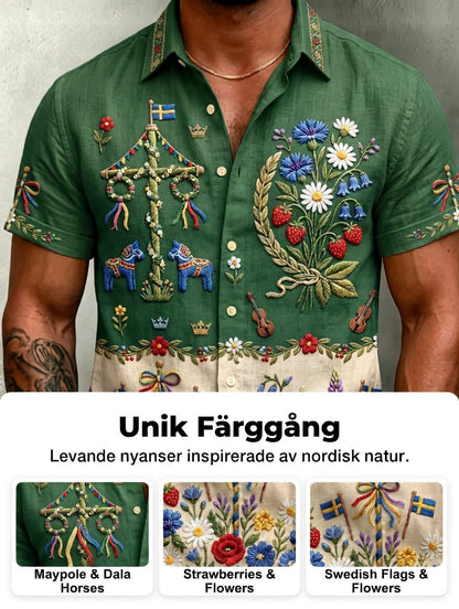 Men's retro-style shirts with Swedish Midsummer and folk costume motifs in cotton-linen, short-sleeved