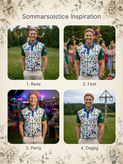 Herrretro svensk midsommarkonsttryck polotröja med korta ärmar