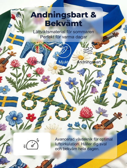 Herrretro svensk midsommarkonsttryck polotröja med korta ärmar