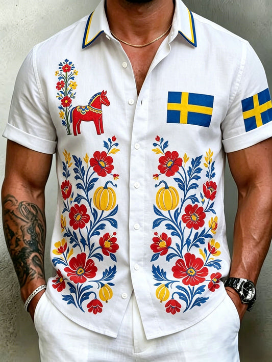 Men's retro-style shirts with Swedish Midsummer and folk costume motifs in cotton-linen, short-sleeved