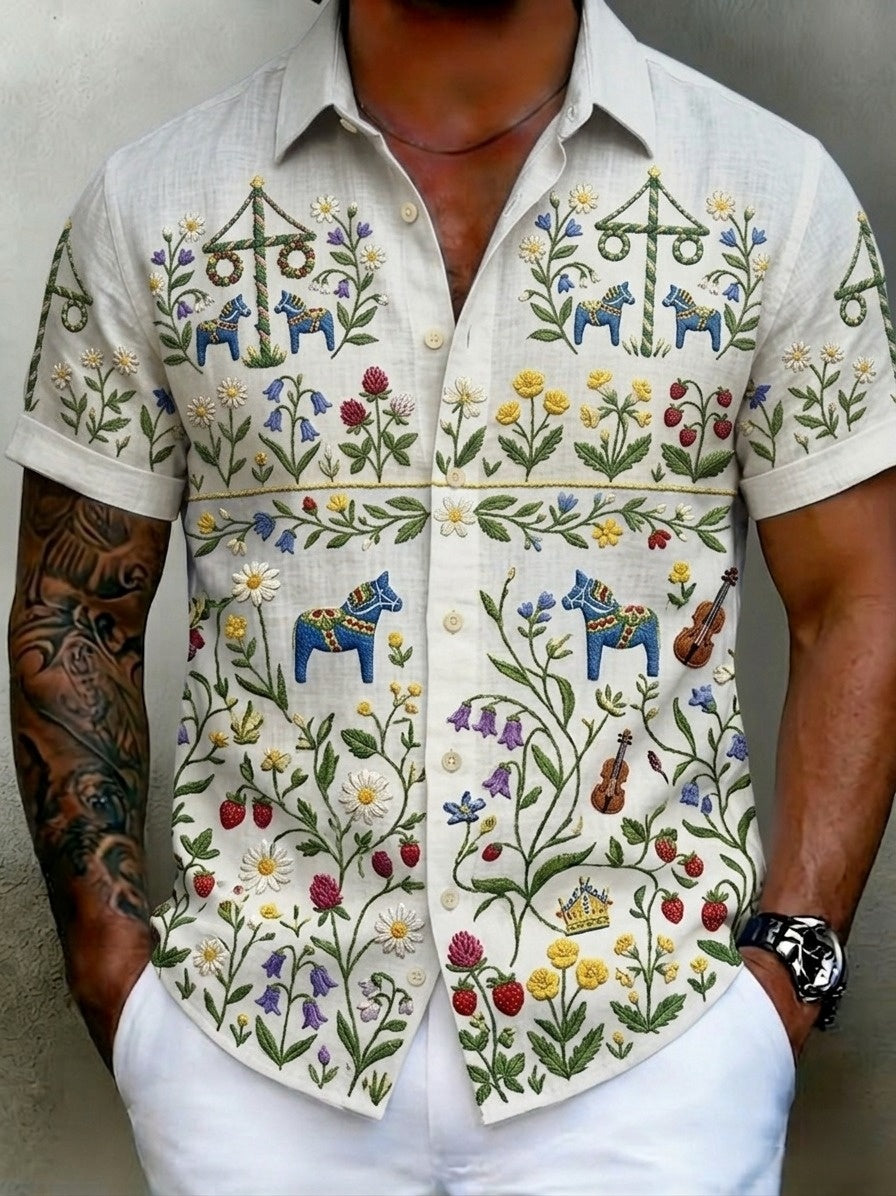Men's retro-style shirts with Swedish Midsummer and folk costume motifs in cotton-linen, short-sleeved