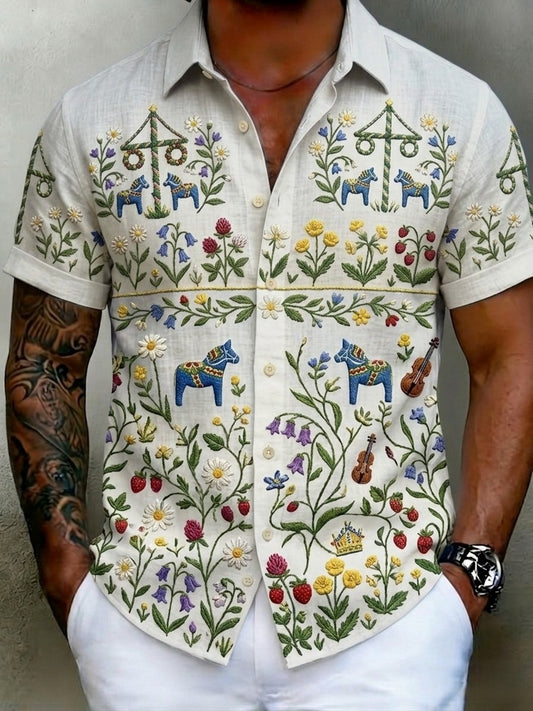 Men's retro-style shirts with Swedish Midsummer and folk costume motifs in cotton-linen, short-sleeved