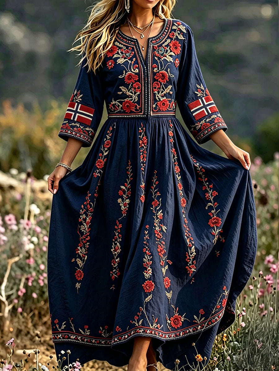 Women's dress in Nordic Scandinavian style with floral painting