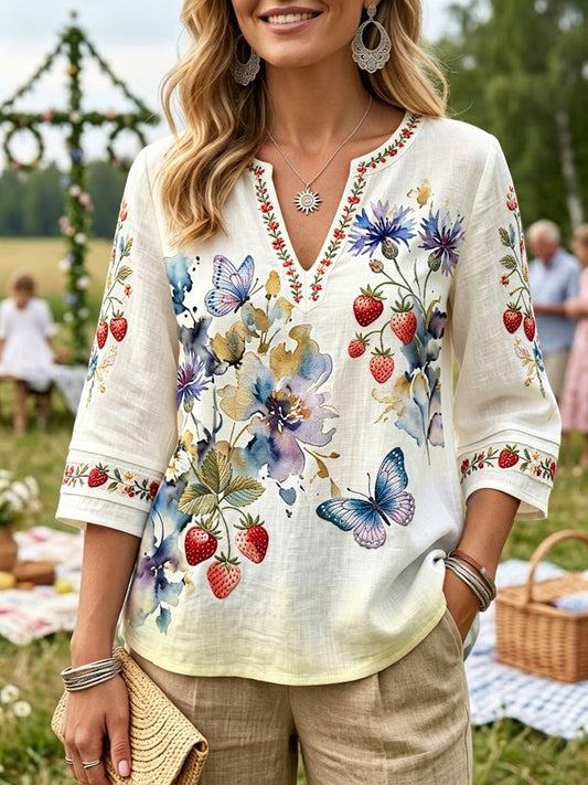 Women's retro midsummer butterfly pattern cotton-linen blouse