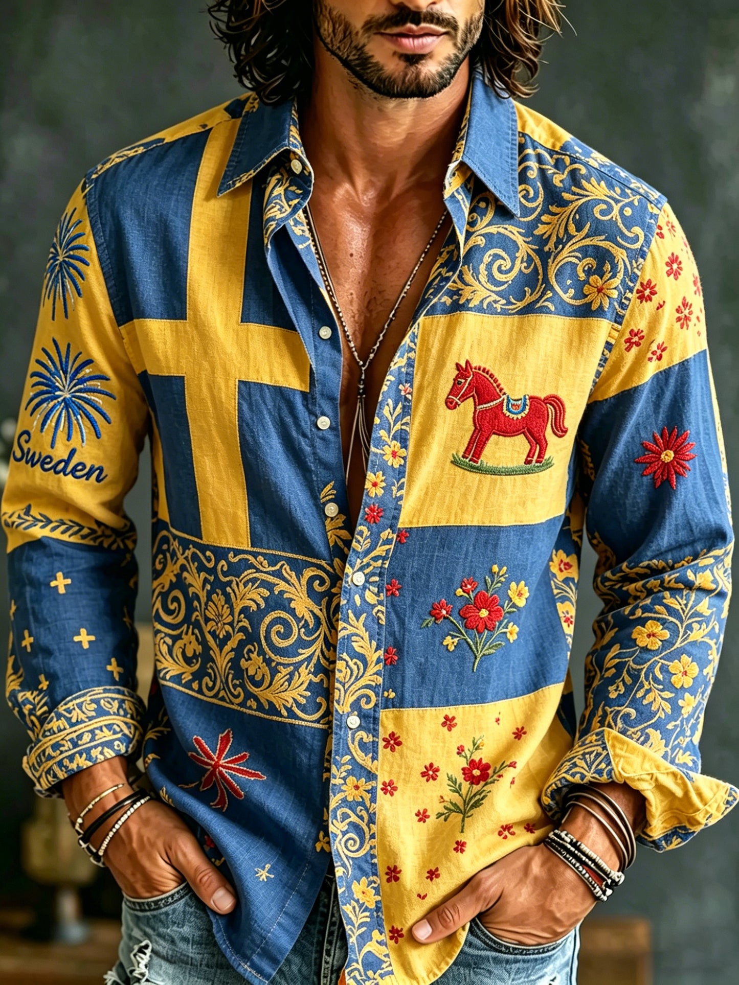 Herrtröja med konsttryck till minne av Sveriges nationaldag, långärmad