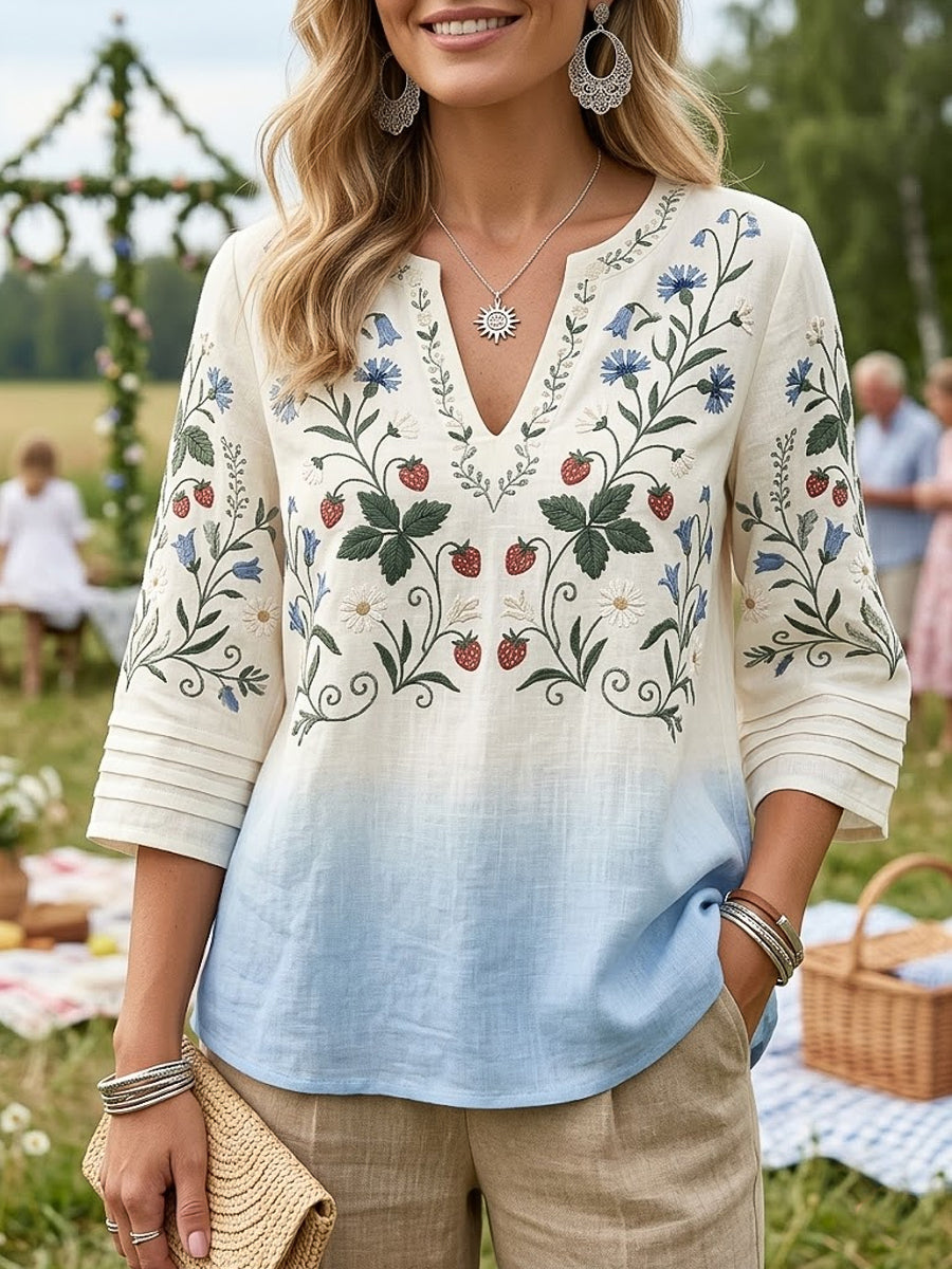Dams retro midsommarblus i bomull-linne med blommönster