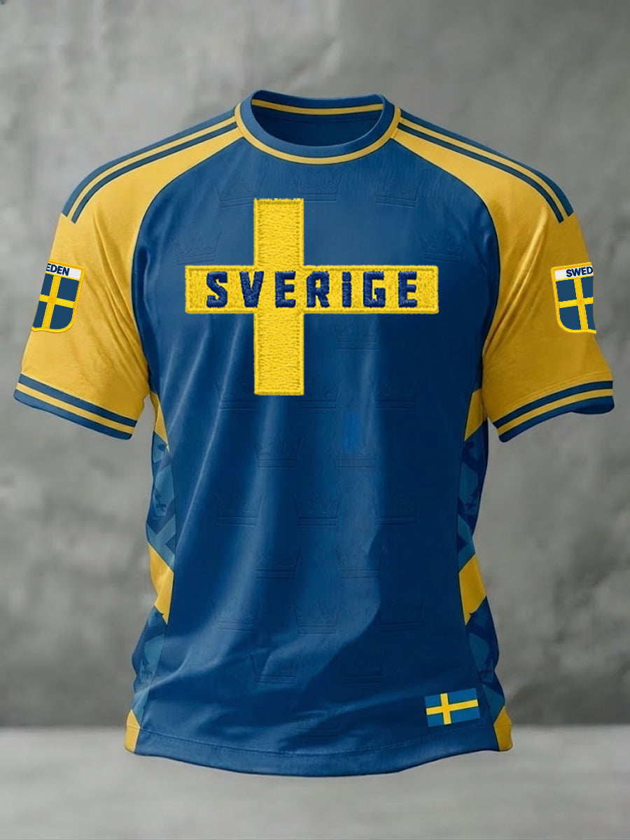 Men's Swedish football-style T-shirt with a printed motif, relaxed fit, and short sleeves