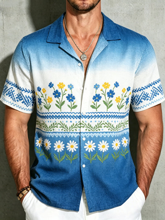 Men's Clothing Midsummer Party Floral Print Waffle Knit Short Sleeve Shirt