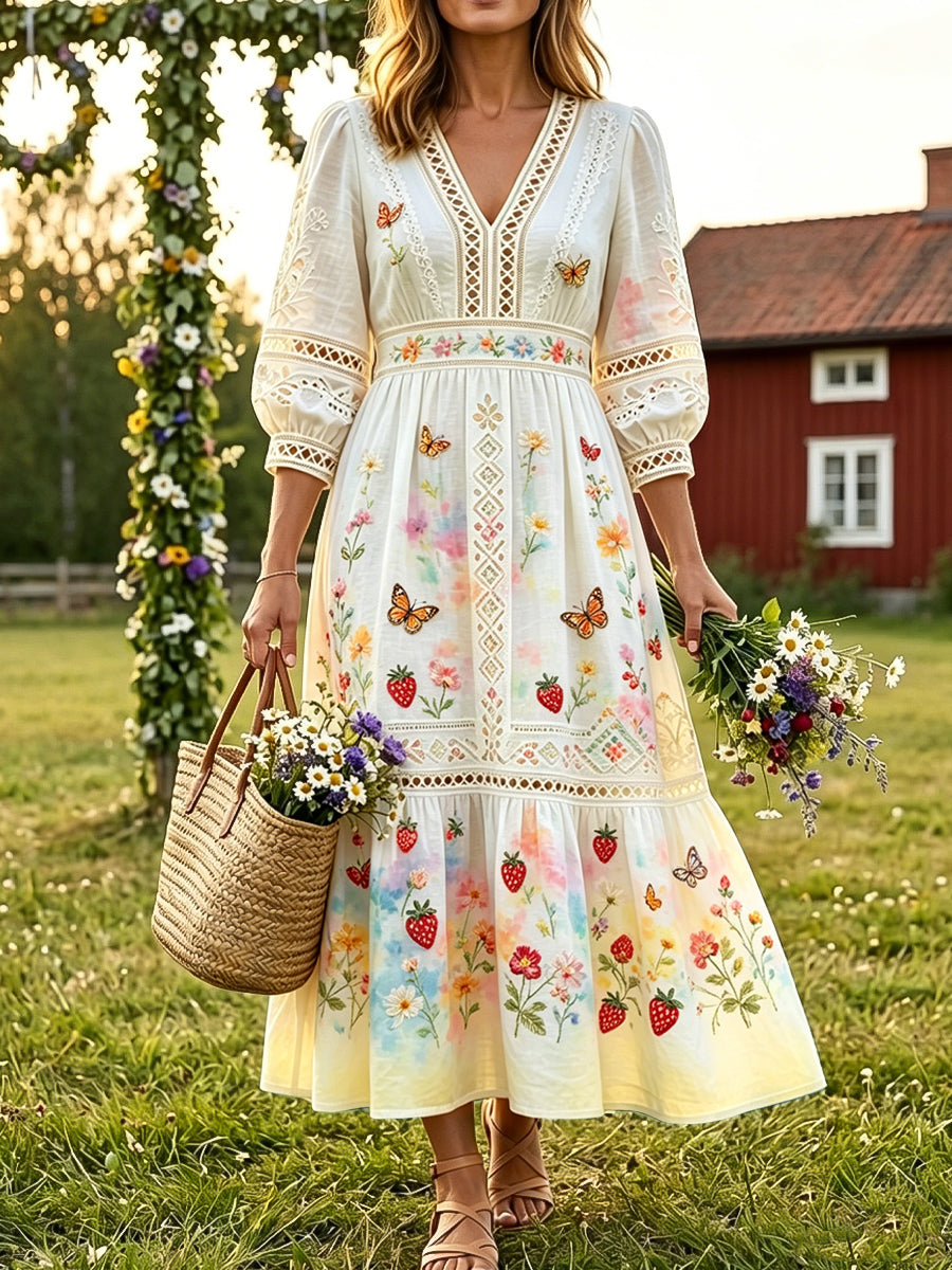Dams retro midsommarklänning i bomull-linne med fjärilsmönster för semestern