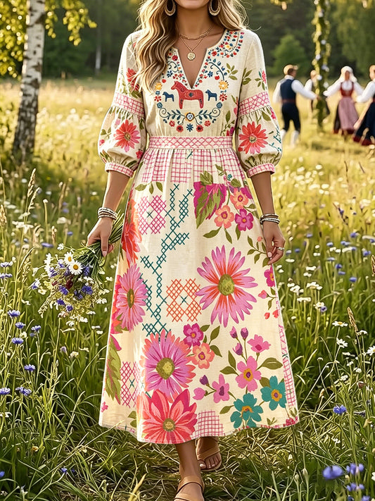 Women's Festive Style Swedish Dala Horse Floral Doodle Print Casual Dress