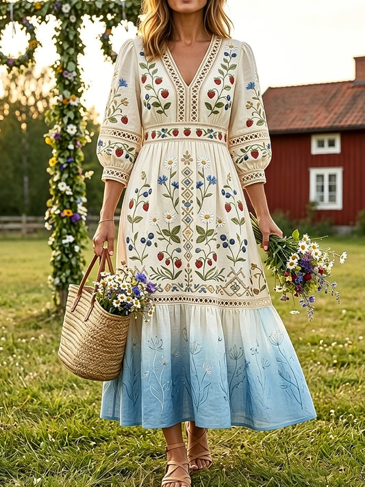 Women's retro midsummer floral cotton linen holiday dress
