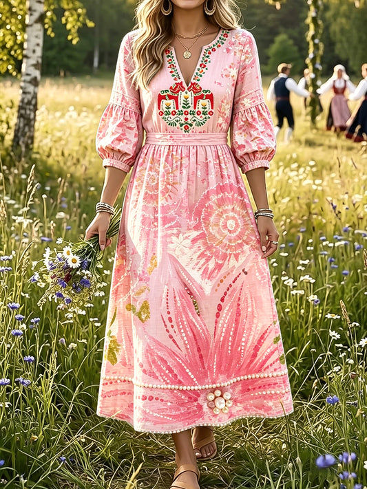 Women's summer dress with Swedish Dala horse and floral pattern, casual style