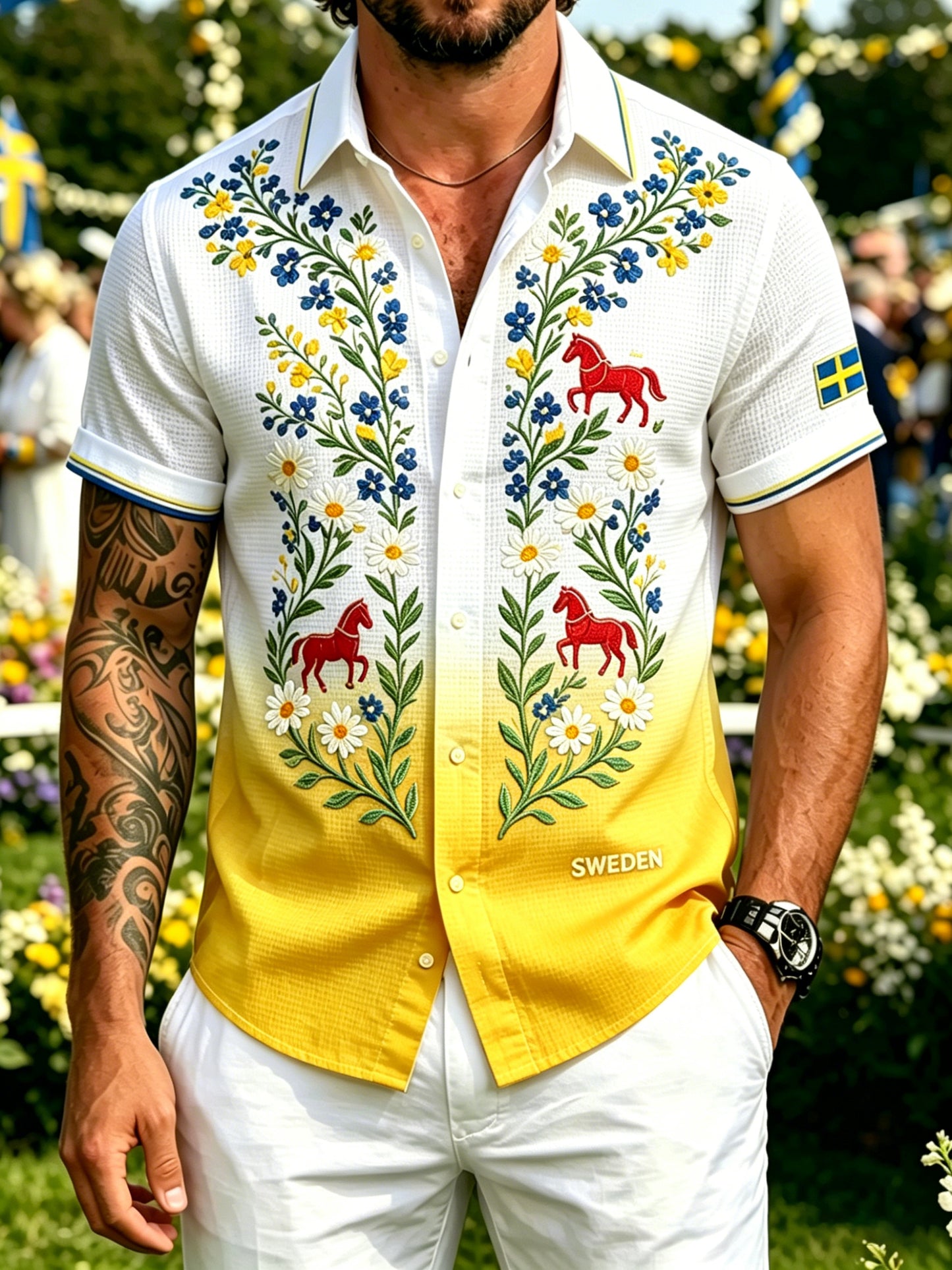Herrkläder Midsommarfest Blommigt konsttryck Vafeltyg Tröja med korta ärmarna