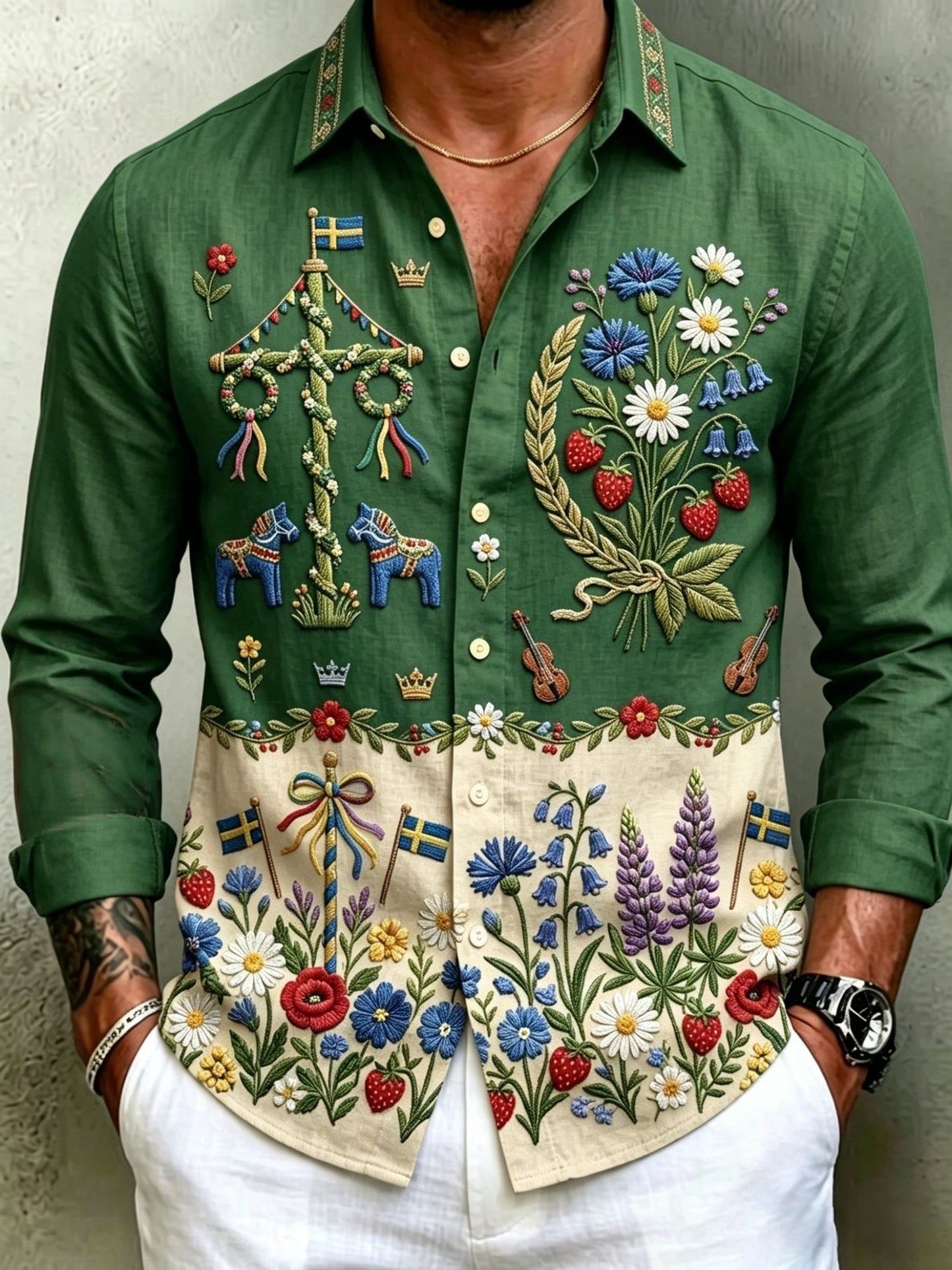 Herr Retro Svenska midsommar Folk Floral Bomull-Linen Långärmskjortor