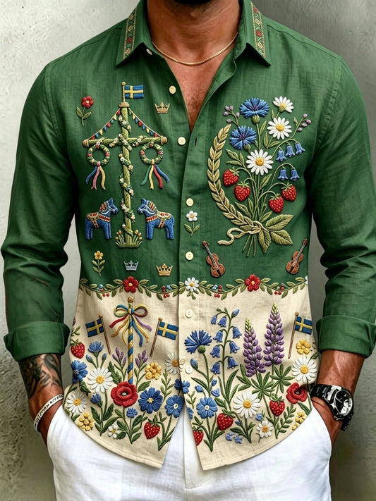 Men's Retro Swedish Midsummer Folk Floral Cotton-Linen Long Sleeve Shirts