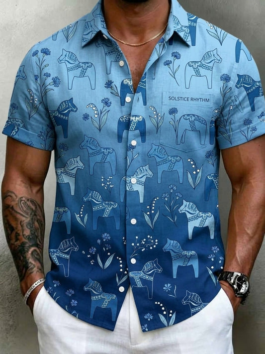 Men's Retro Swedish Midsummer Folk Floral Cotton-Linen Stackor Short Sleeve Shirts