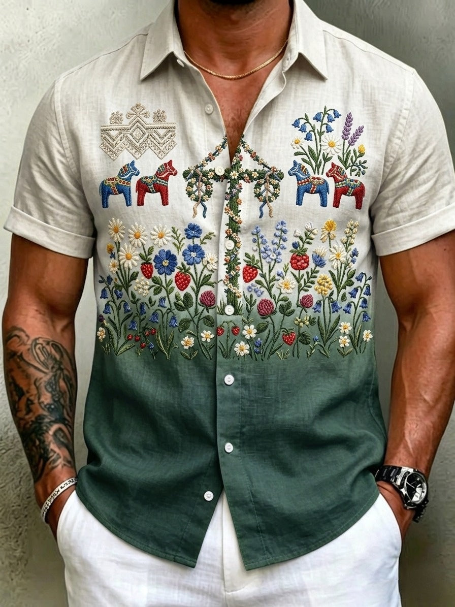 Men's retro-style shirts with Swedish Midsummer and folk costume motifs in cotton-linen, short-sleeved