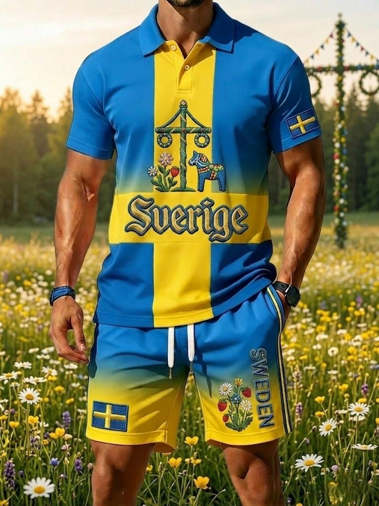 Herrretro svensk midsommarfolkaldrigblommigt tryckt avslappnat polotröja- och shortsset