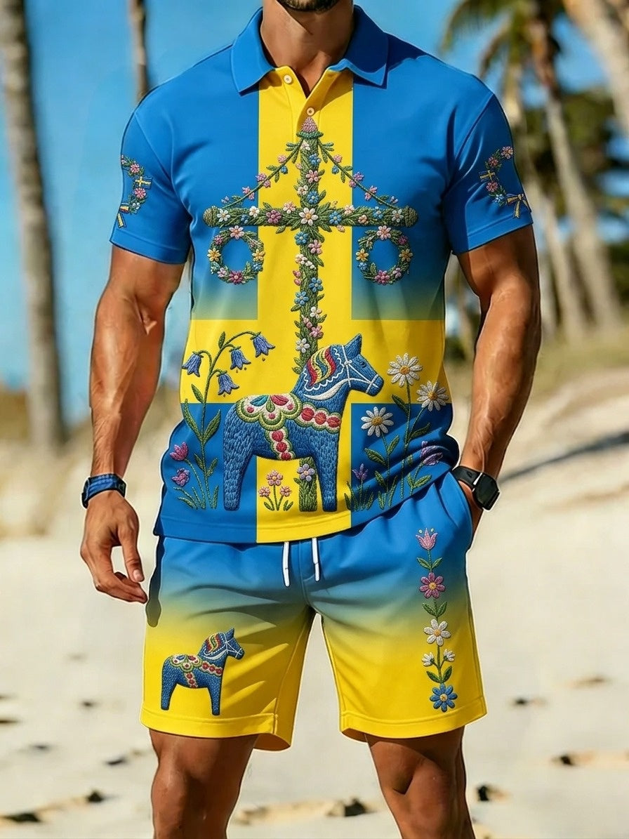 Men's Retro Swedish Midsummer Folk Never Floral Printed Casual Polo Shirt and Shorts Set