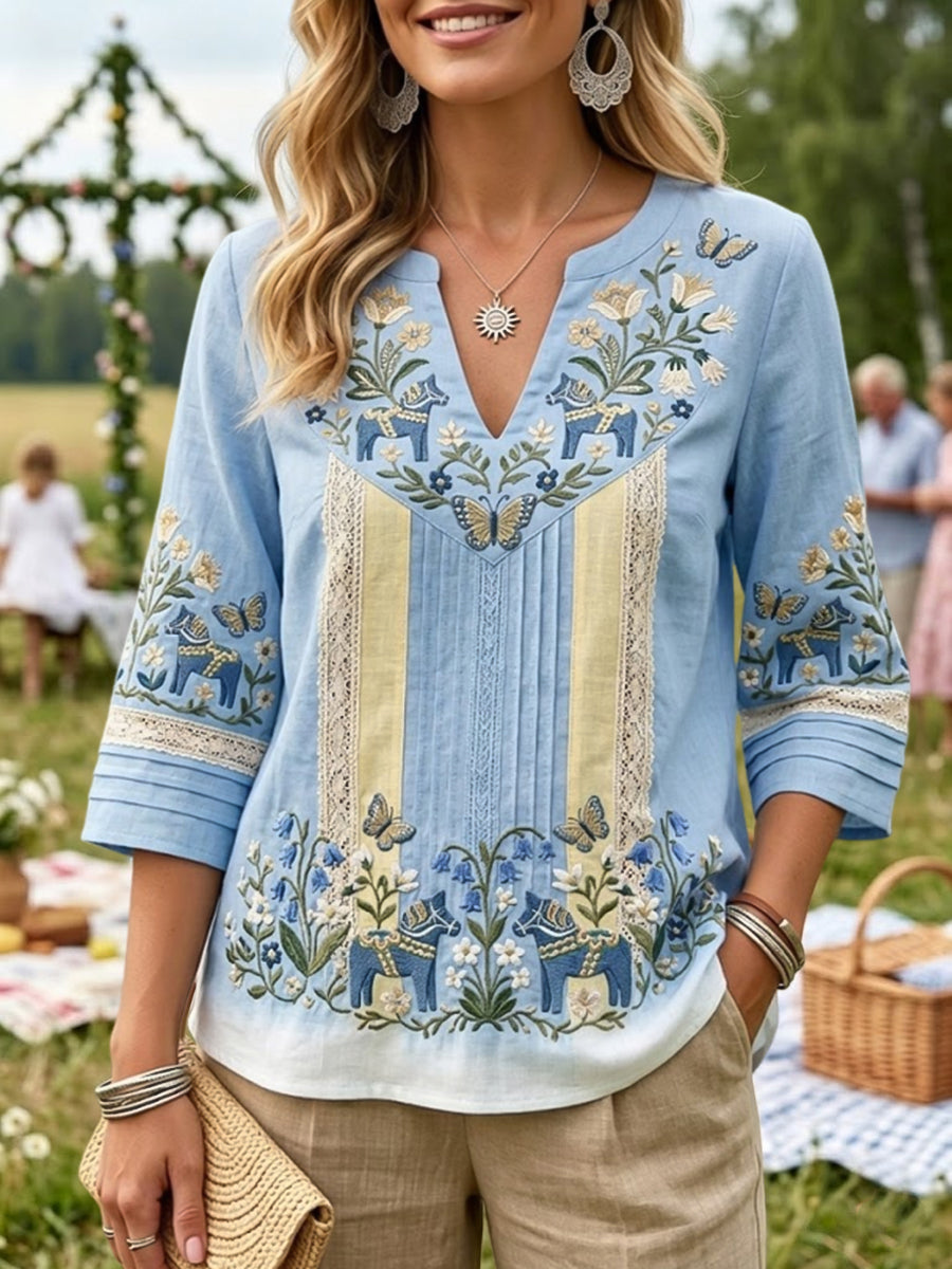 Dams retro midsommargraderad avslappnad blus i bomull-linne